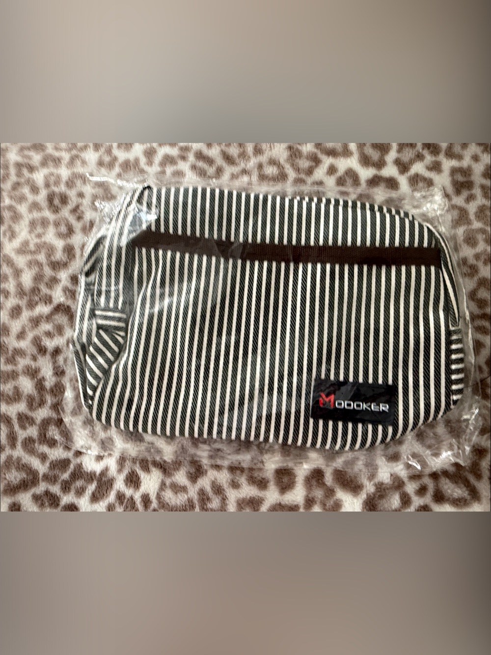 Striped Travel Pouch — Navy & White and Brown
